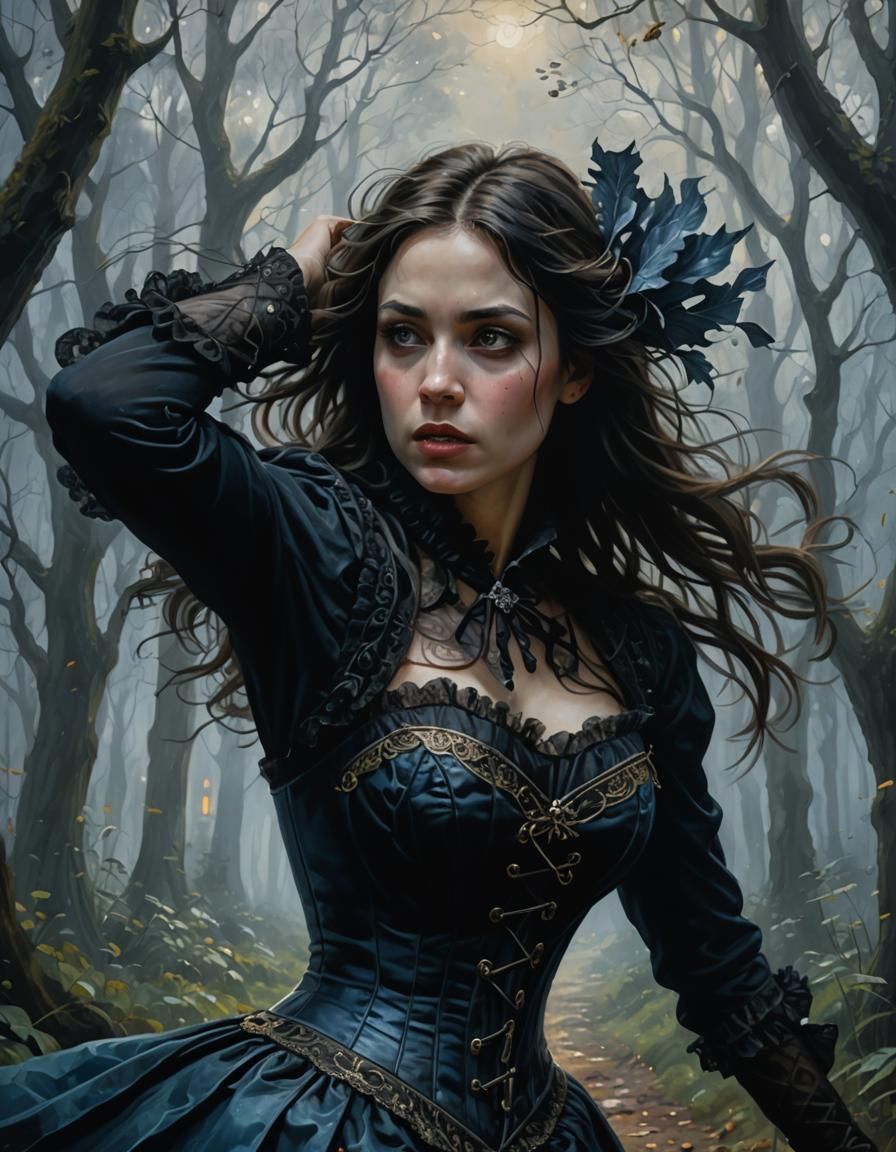 Woman Running Through Forest at Night in Chiaroscuro