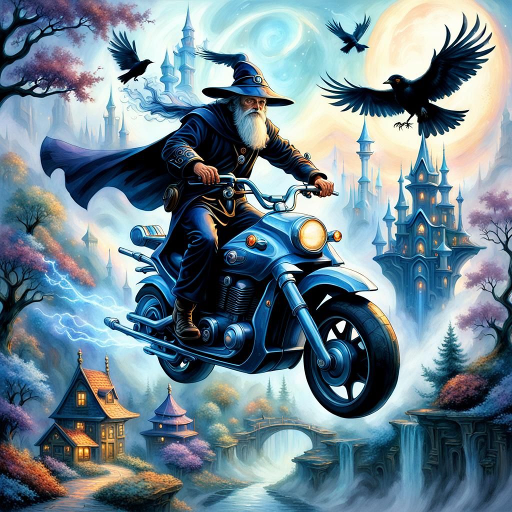 Wizard Rides Flying Motorcycle in Fantasy Setting