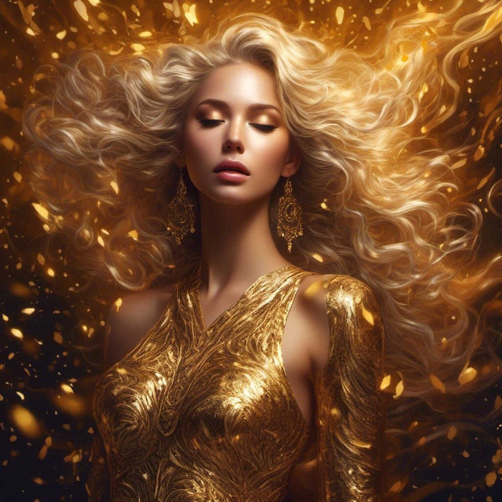 Golden Girl in Glittering Dress: Photorealistic Portrait