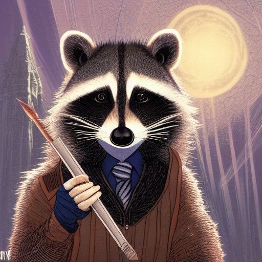 Hogwarts Raccoon Student with Magic Wand in Digital Art