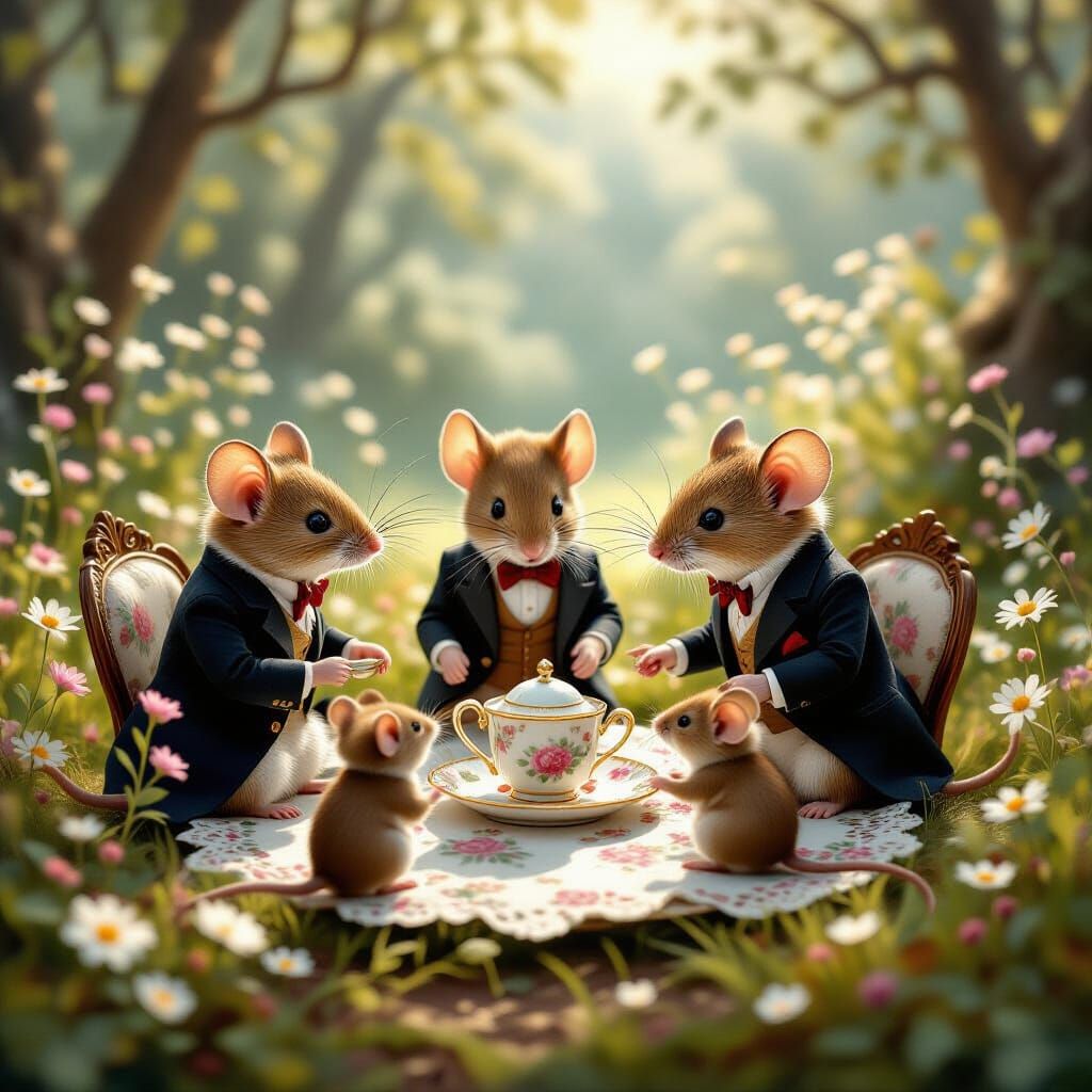 Victorian Mice Tea Party in Woodland Clearing