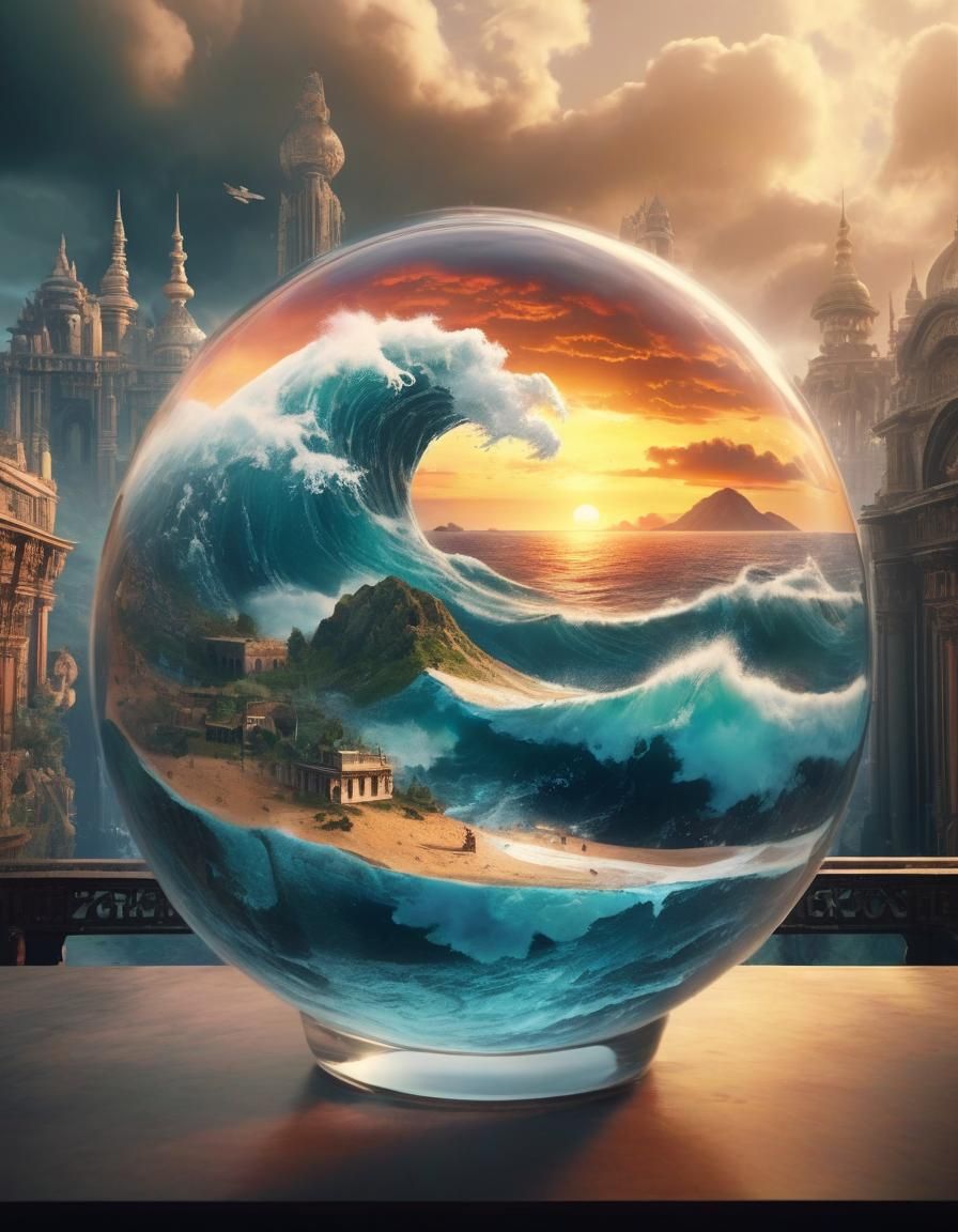Ocean waves scape in a glass ball