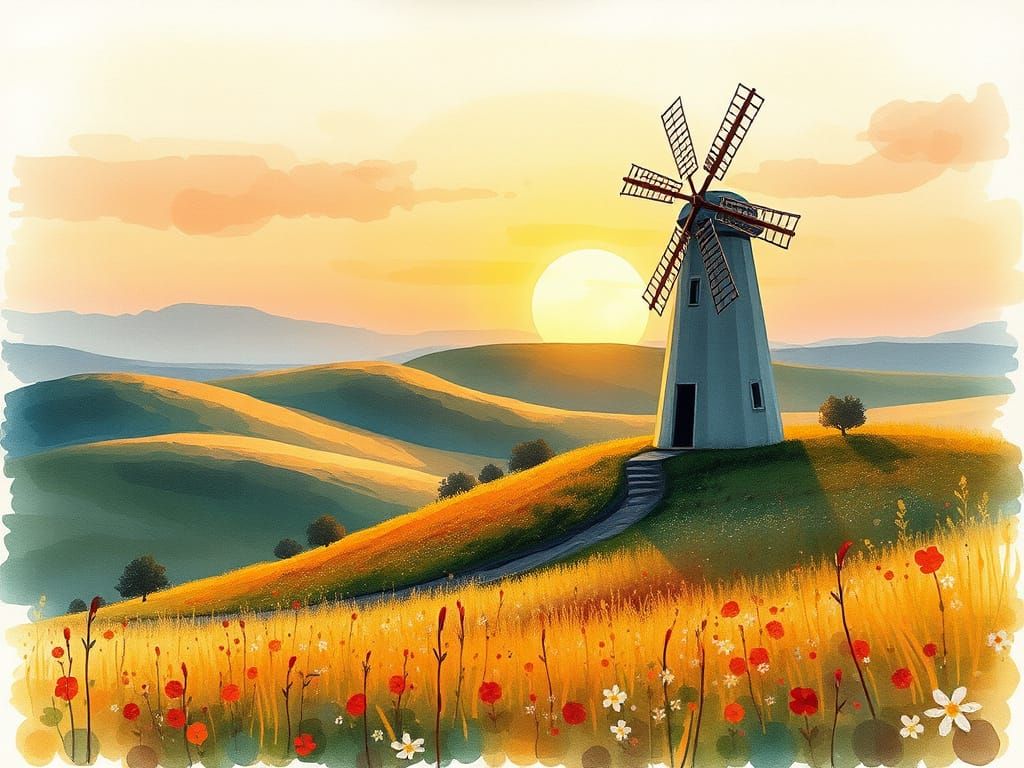 Rustic Windmill Sunset: Watercolor Wildflower Landscape