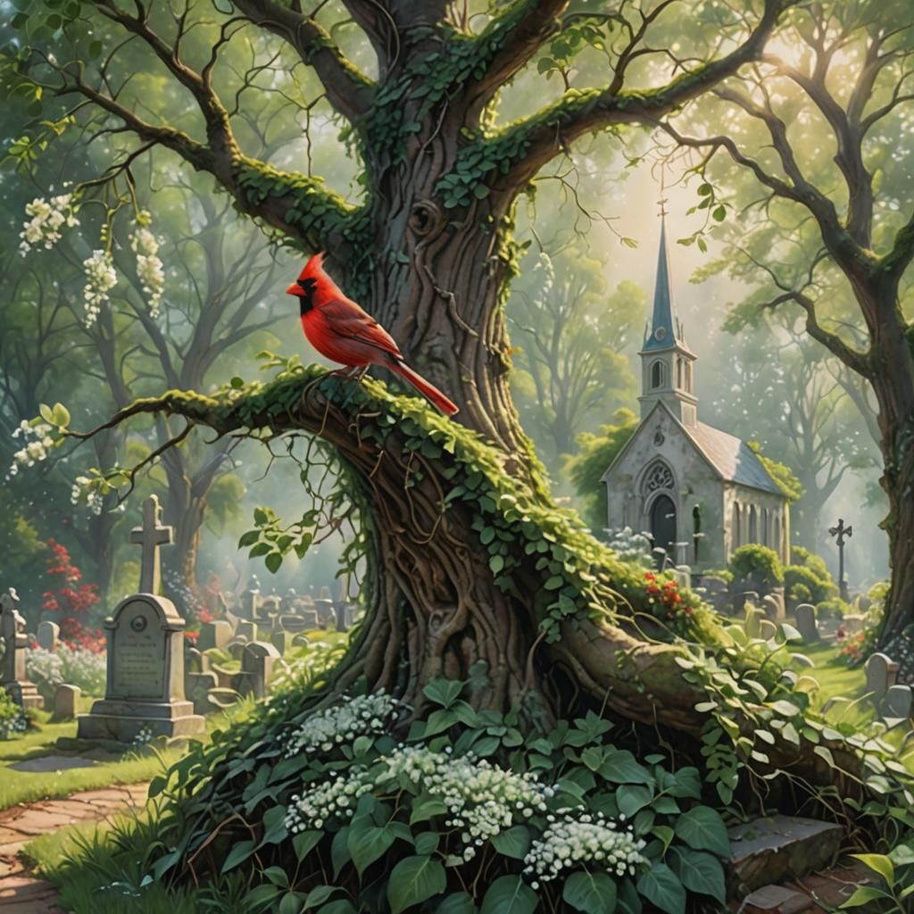 Cardinal in Sunlit Tree, Ethereal Painting