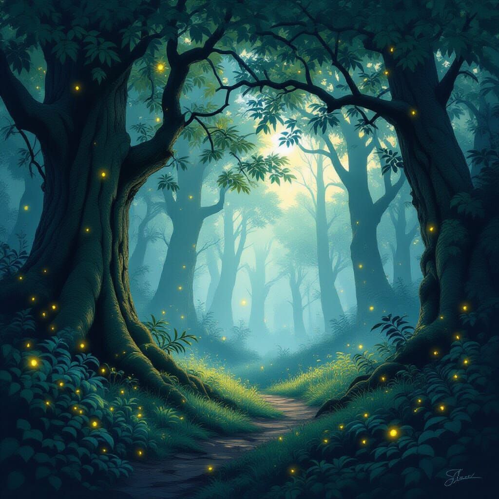 Misty Forest with Fireflies, Romantic Realism