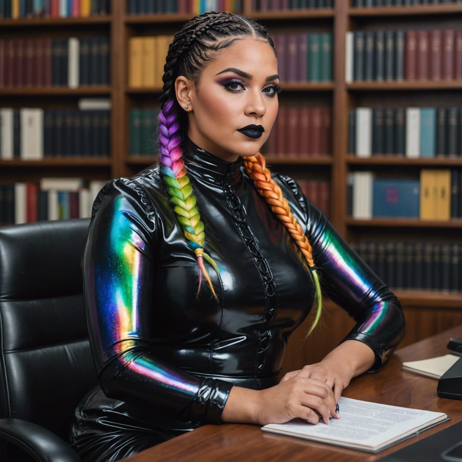 Librarian with Rainbow Hair in Glossy Dress