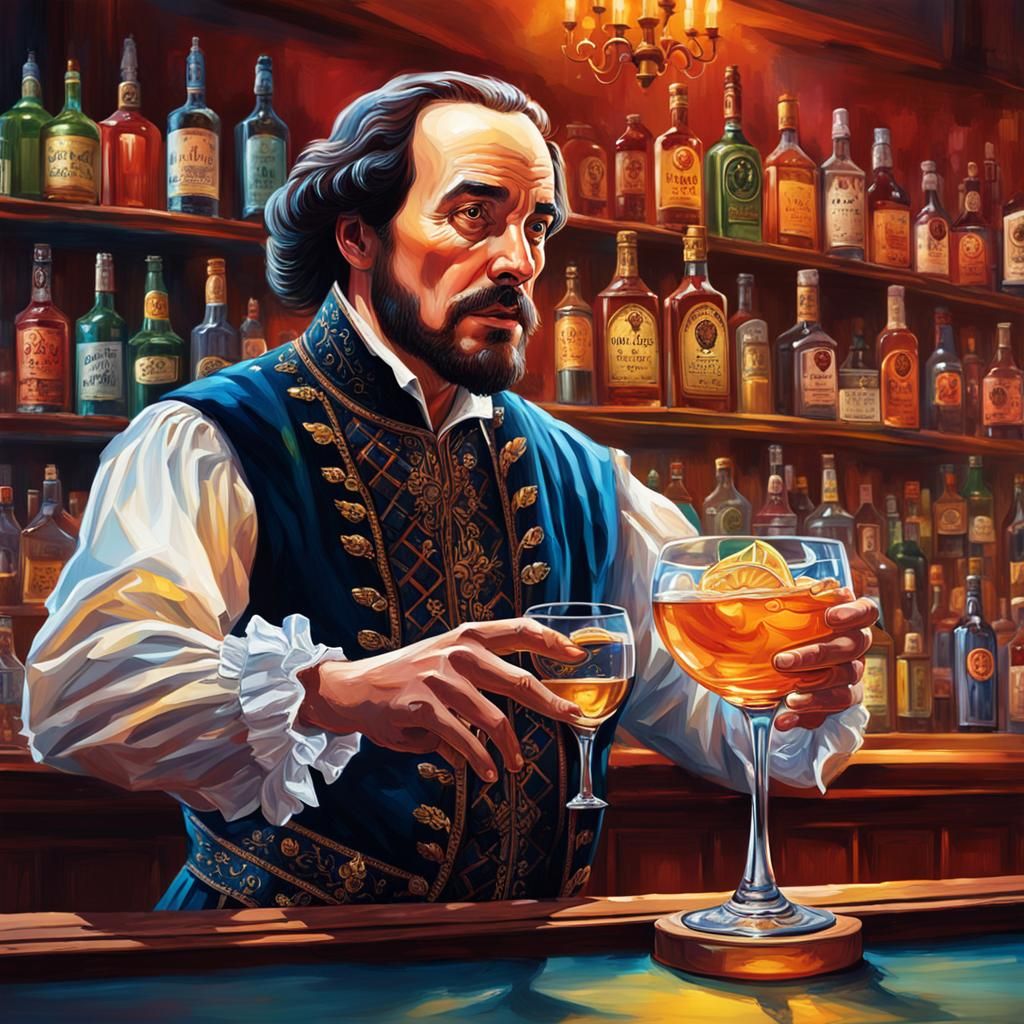 Shakespeare Drinks at Bar in Hyperrealistic Splash Art
