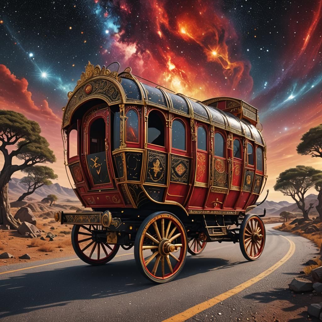 Red and Gold Gypsy Wagon in Cosmic Style