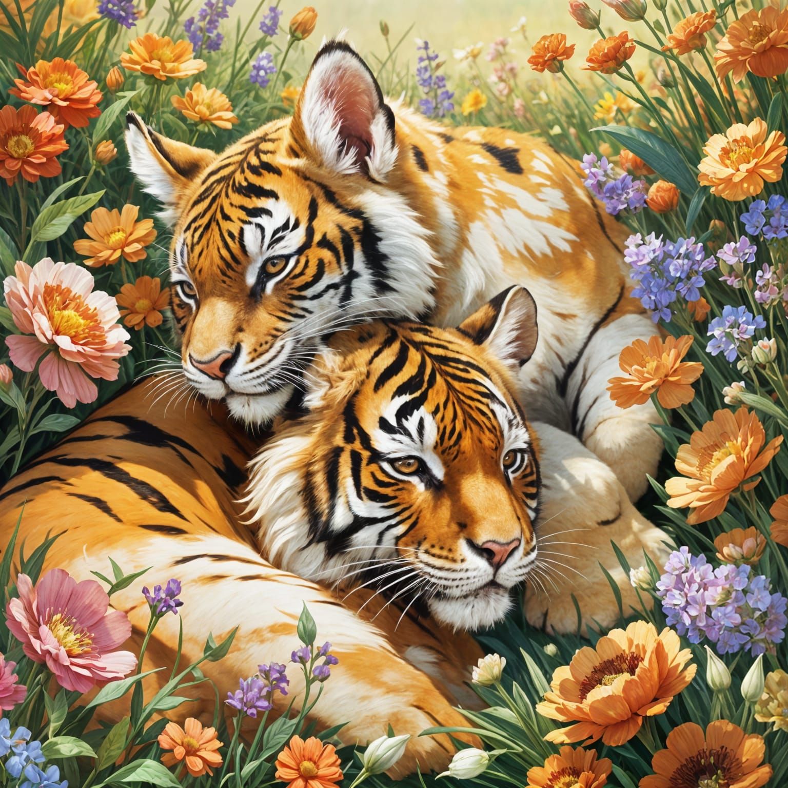 Adorable Tiger Cub and Bunny in Floral Field