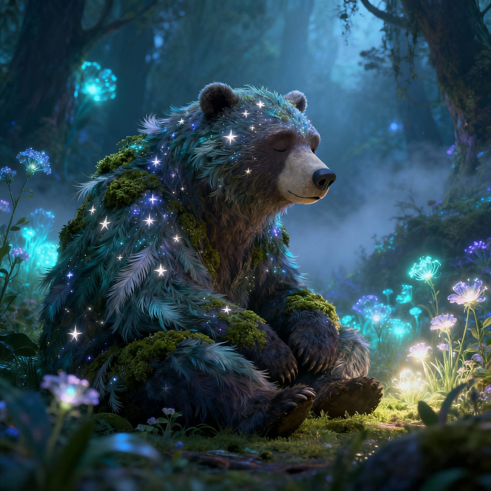 Ancient Bear in Bioluminescent Forest, 3D Rendered