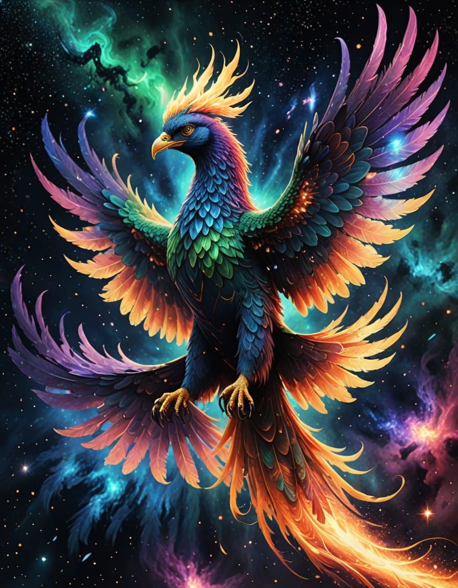 Majestic Phoenix of Iridescent Glass Soars Through Nebula