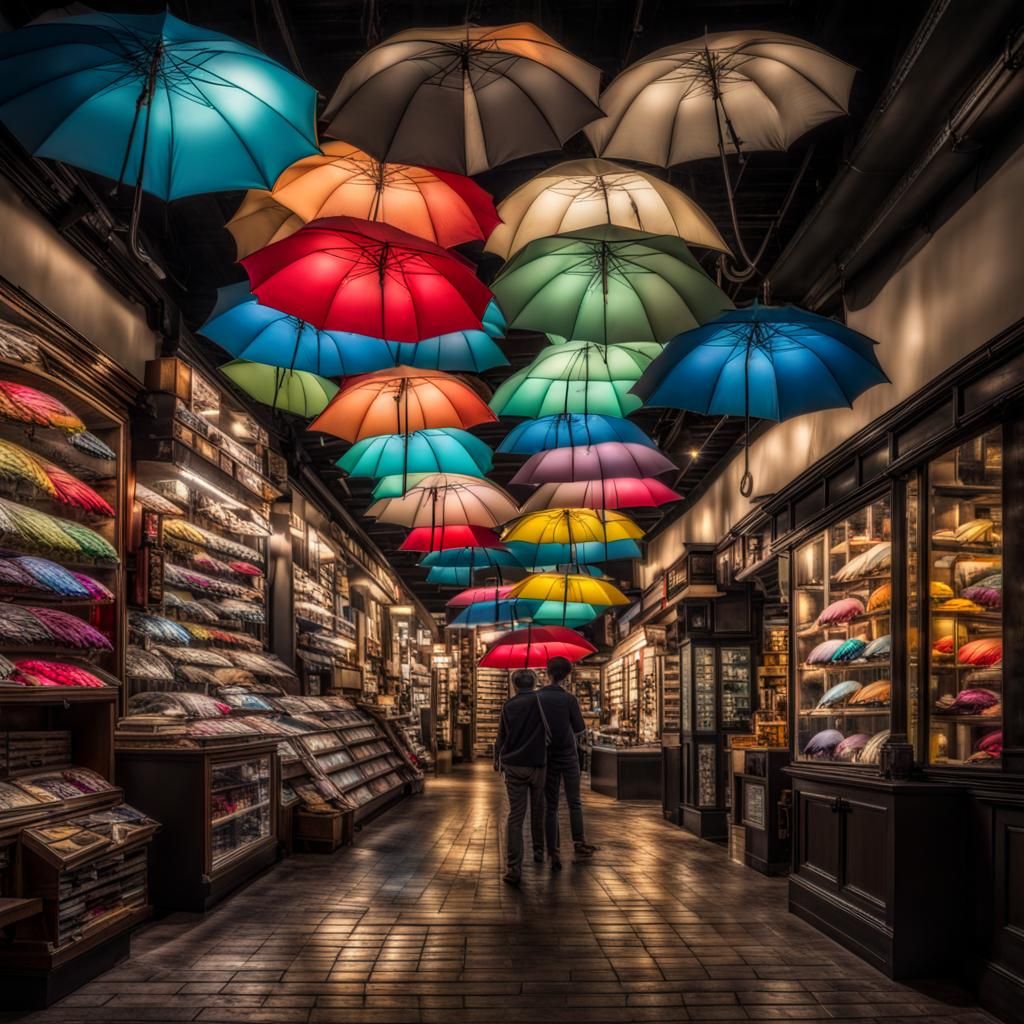 Hyperrealistic Umbrella Store with Atmospheric Lighting
