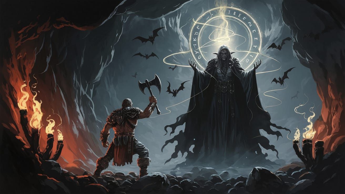 Dark Fantasy Barbarian Confronts Sorcerer in Shadowy Cave