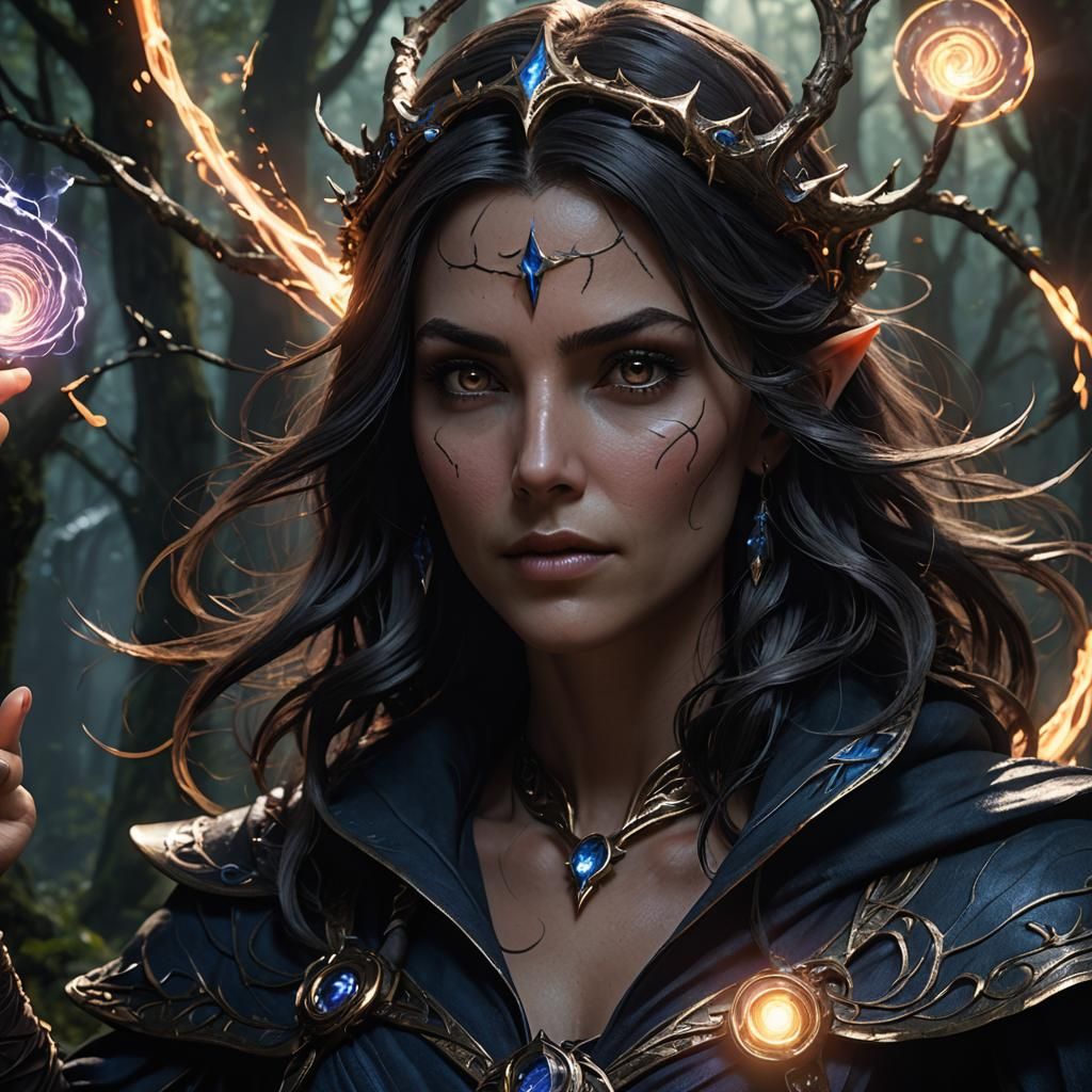 Sorceress Conjures Magic Vortex in Mystical Forest
