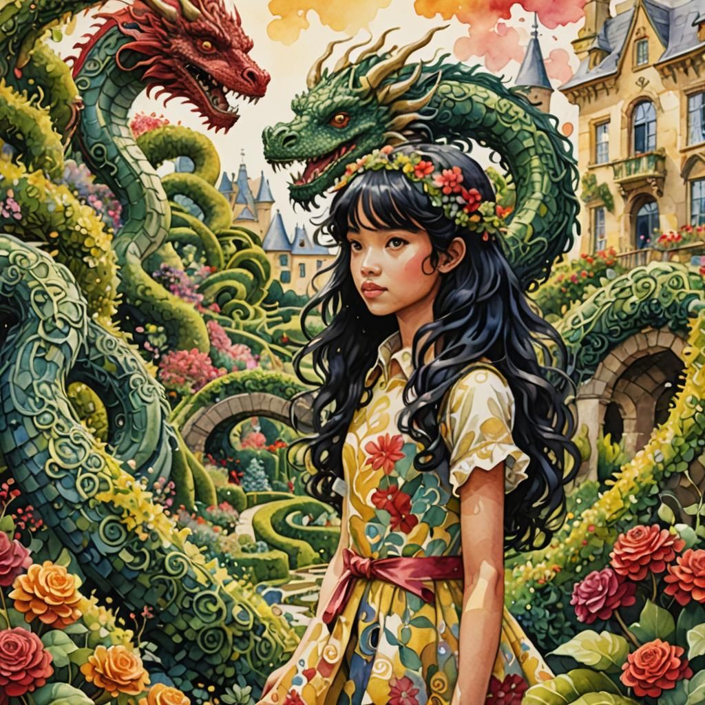Girl in Surreal Garden Maze Watercolor Illustration