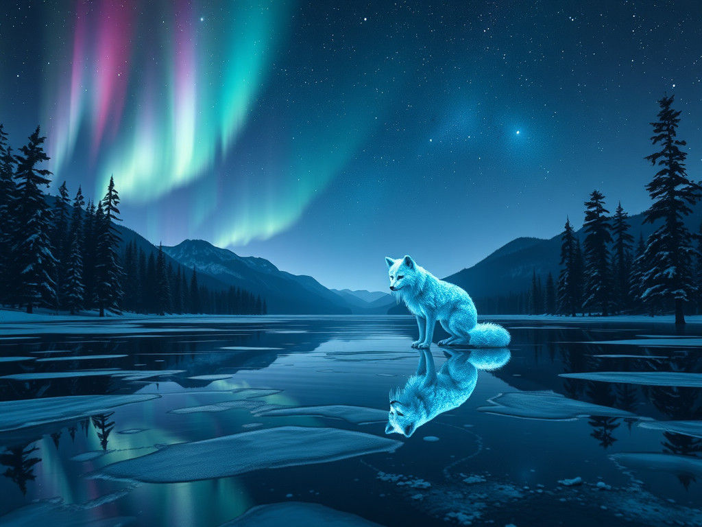 Ethereal Fox Under Aurora: A Magical Night Scene