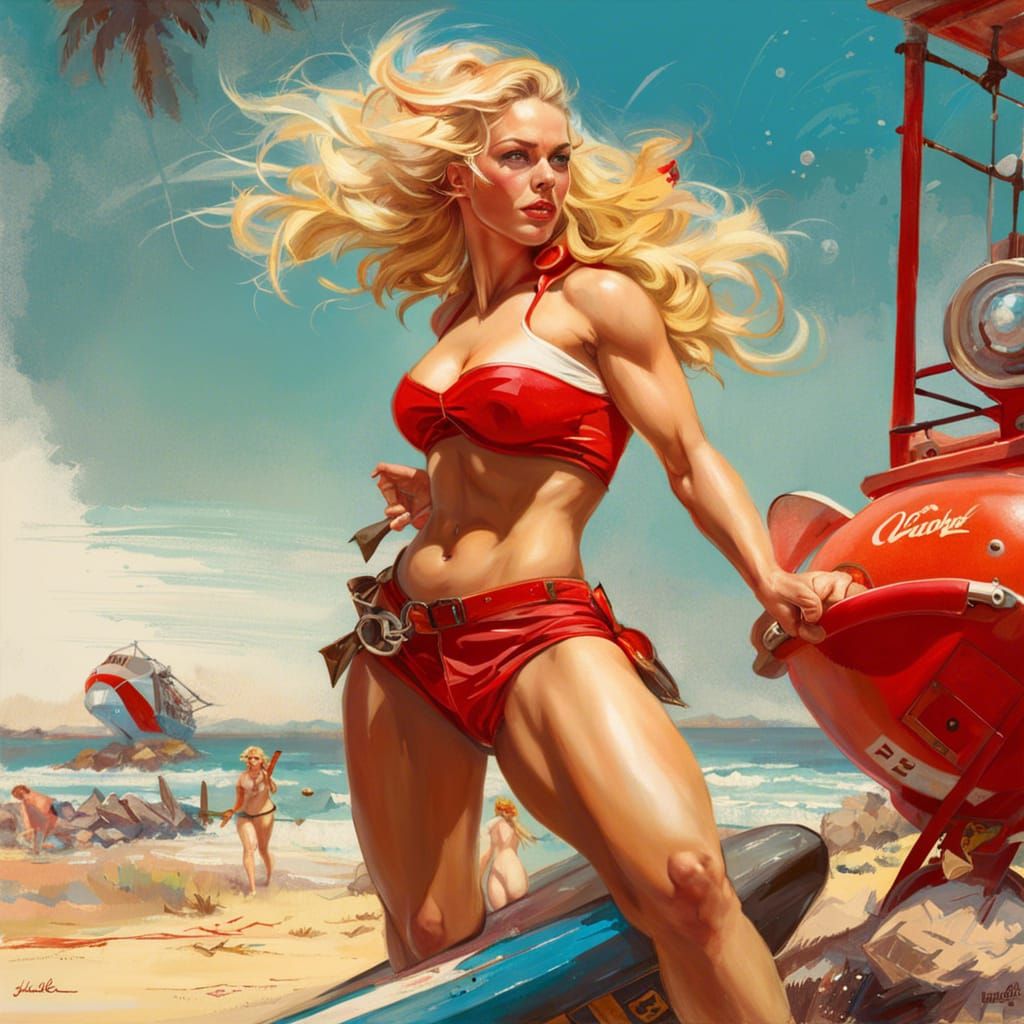 Hyperrealistic Pinup of Lifeguard on Beach