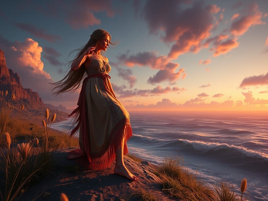 Bohemian Woman in Enchanting Coastal Landscape
