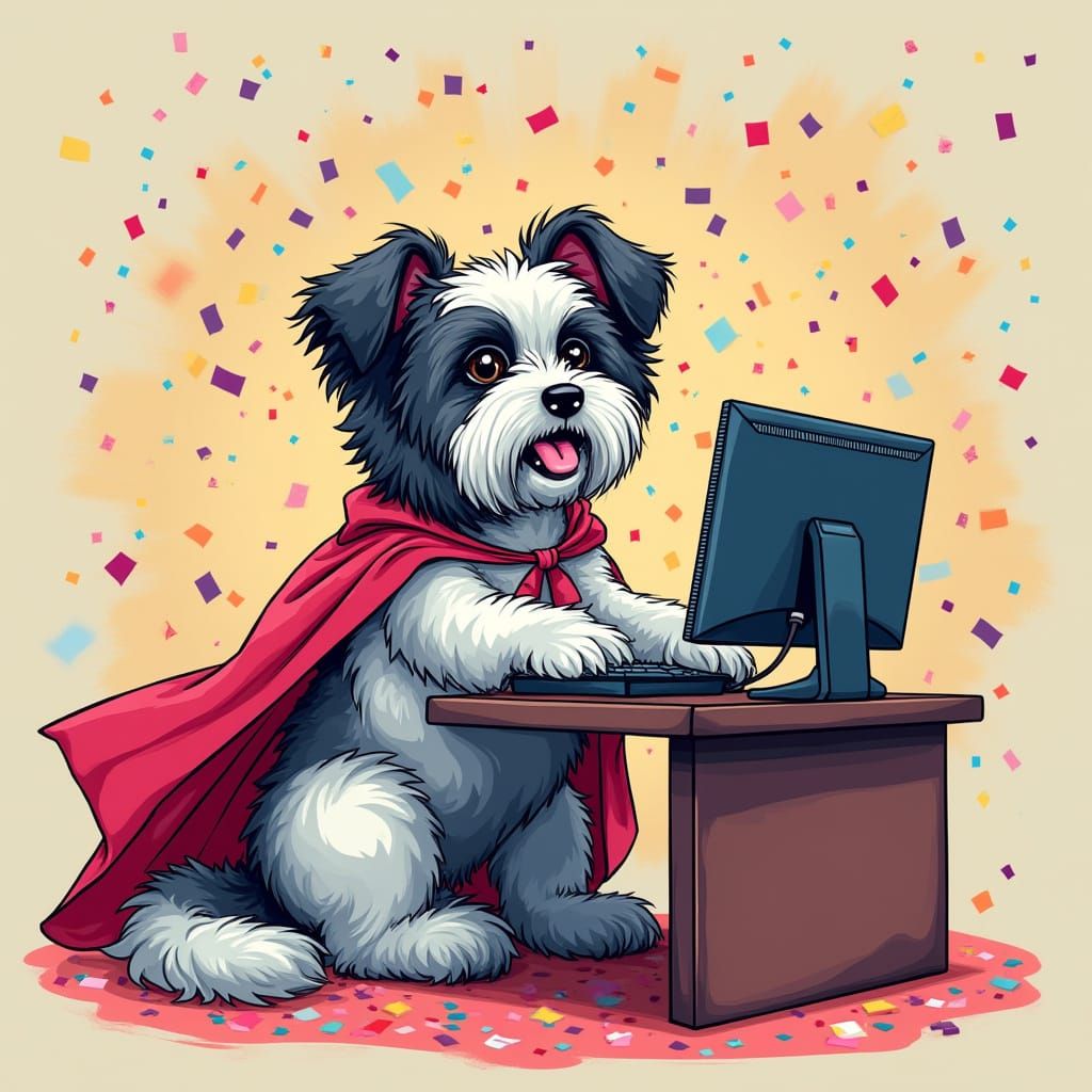 Havanese Superhero Dog at Desk in Whimsical Style