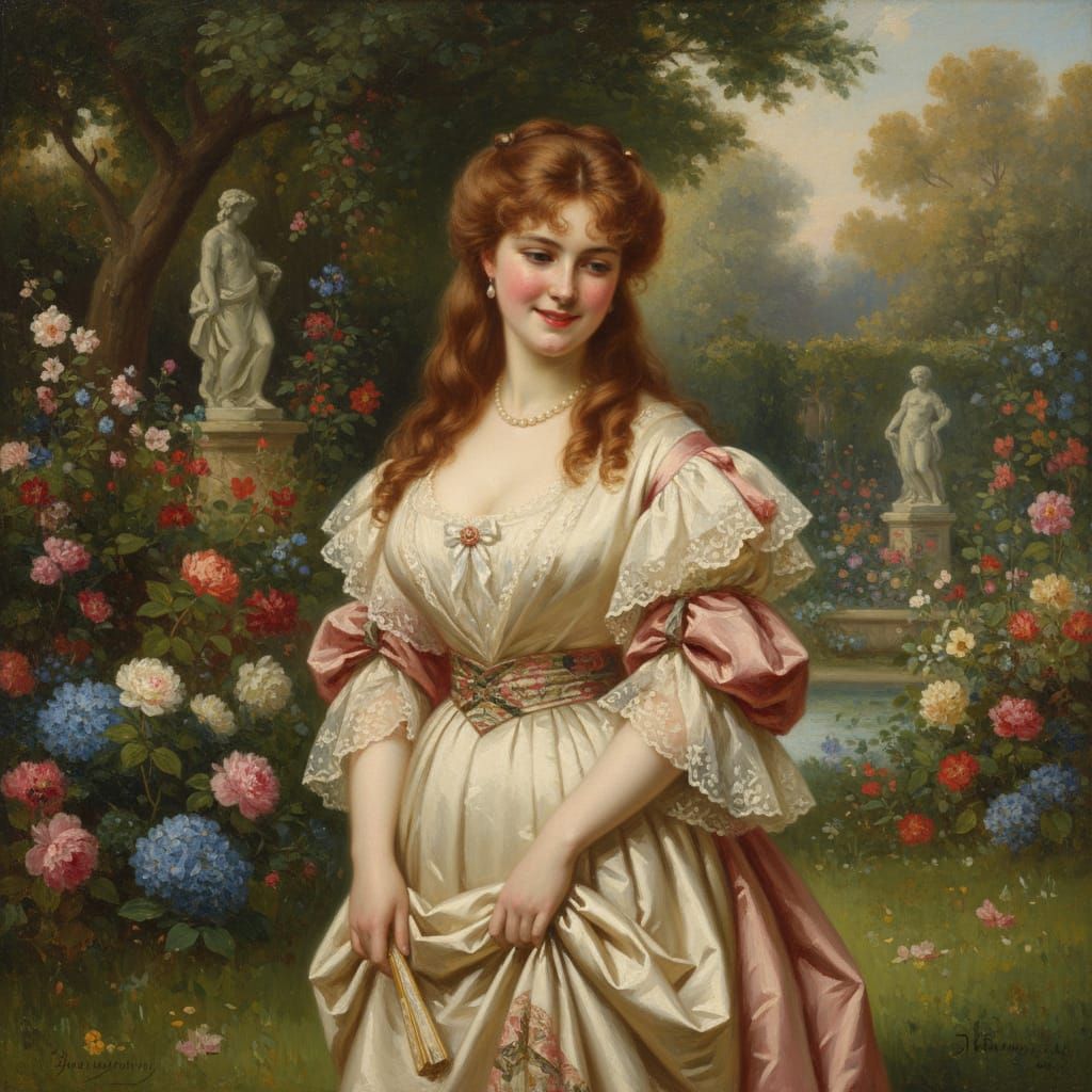 Victorian Woman in Garden, Oil Painting in Romantic Style