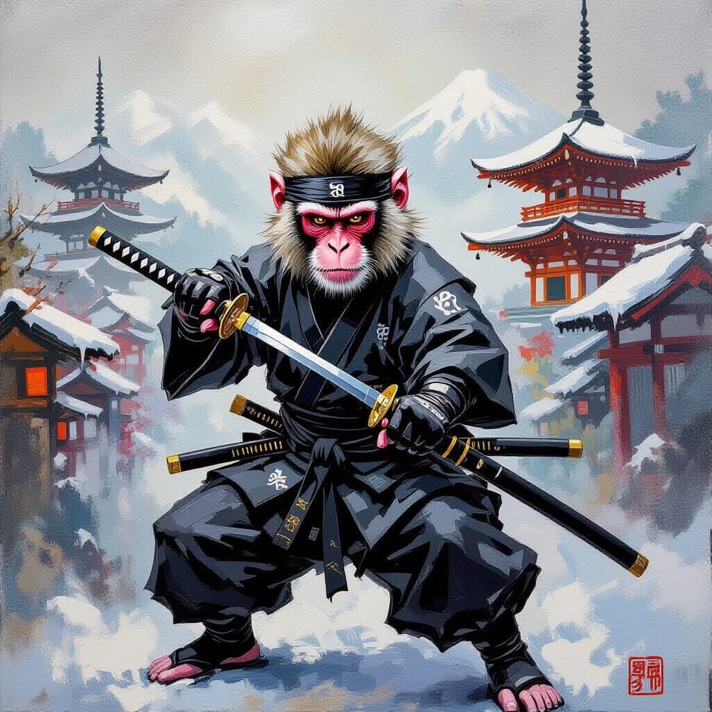 Ninja Snow Monkey in Japanese Landscape Oil Painting
