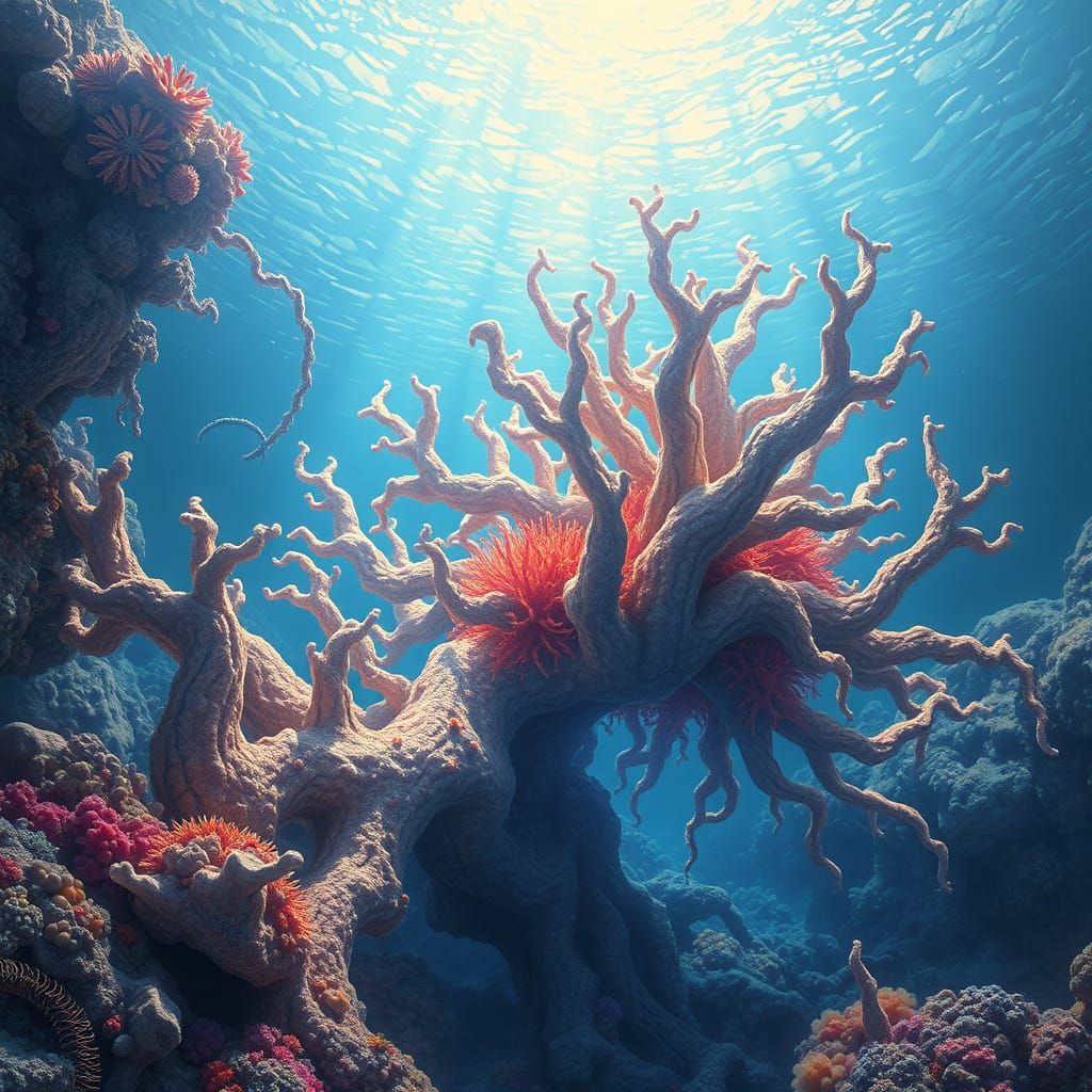 Glowing, Ethereal Coral Reef in Biomechanical Surrealism