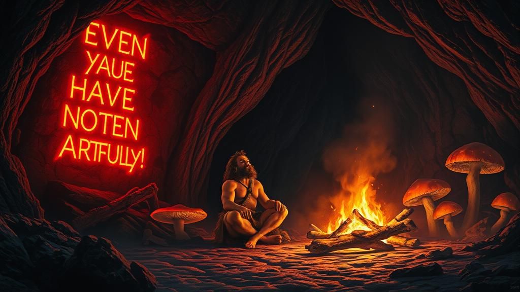 Caveman Gazing at Glowing Sign, Surrealist Style