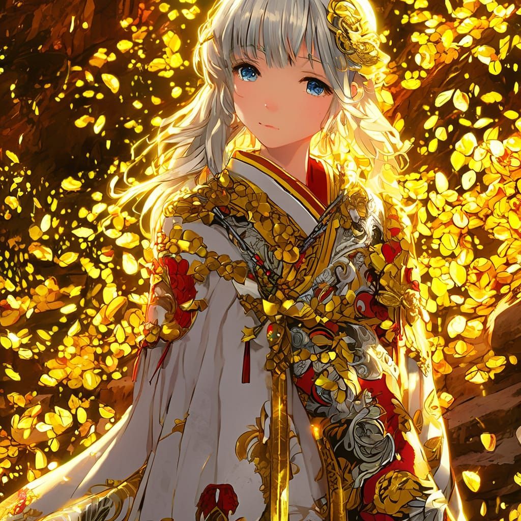 Anime-Inspired Goddess with Golden Accents and Luxurious Att...