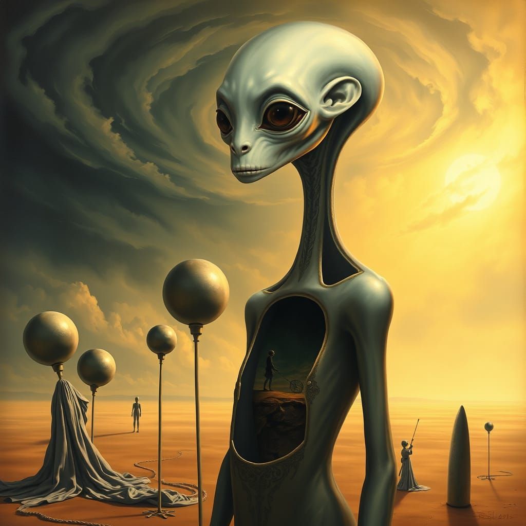 Surreal Alien Humanoid in Dreamlike Landscape