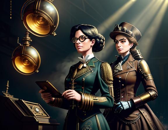 Steampunk Time Machine with Women in Uniforms