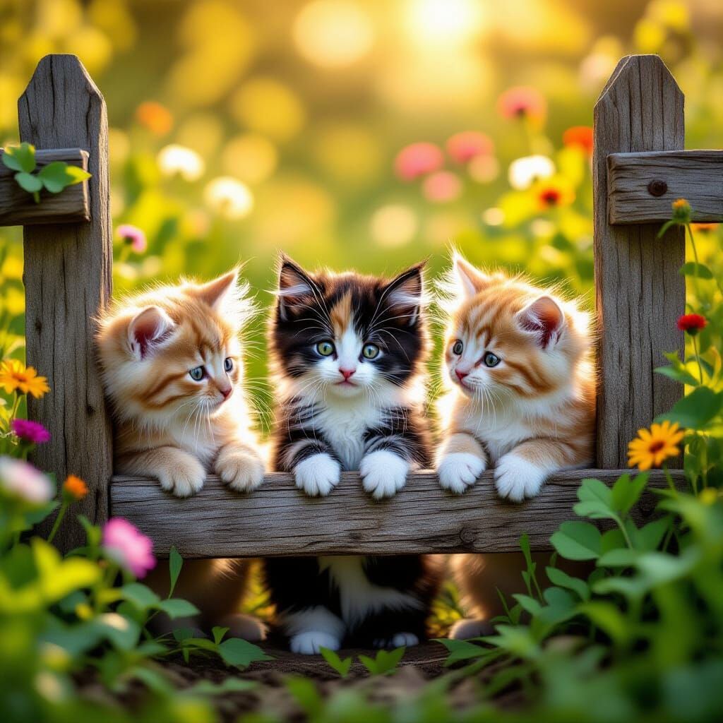 Three Fluffy Calico Kittens Play in a Sunlit Garden
