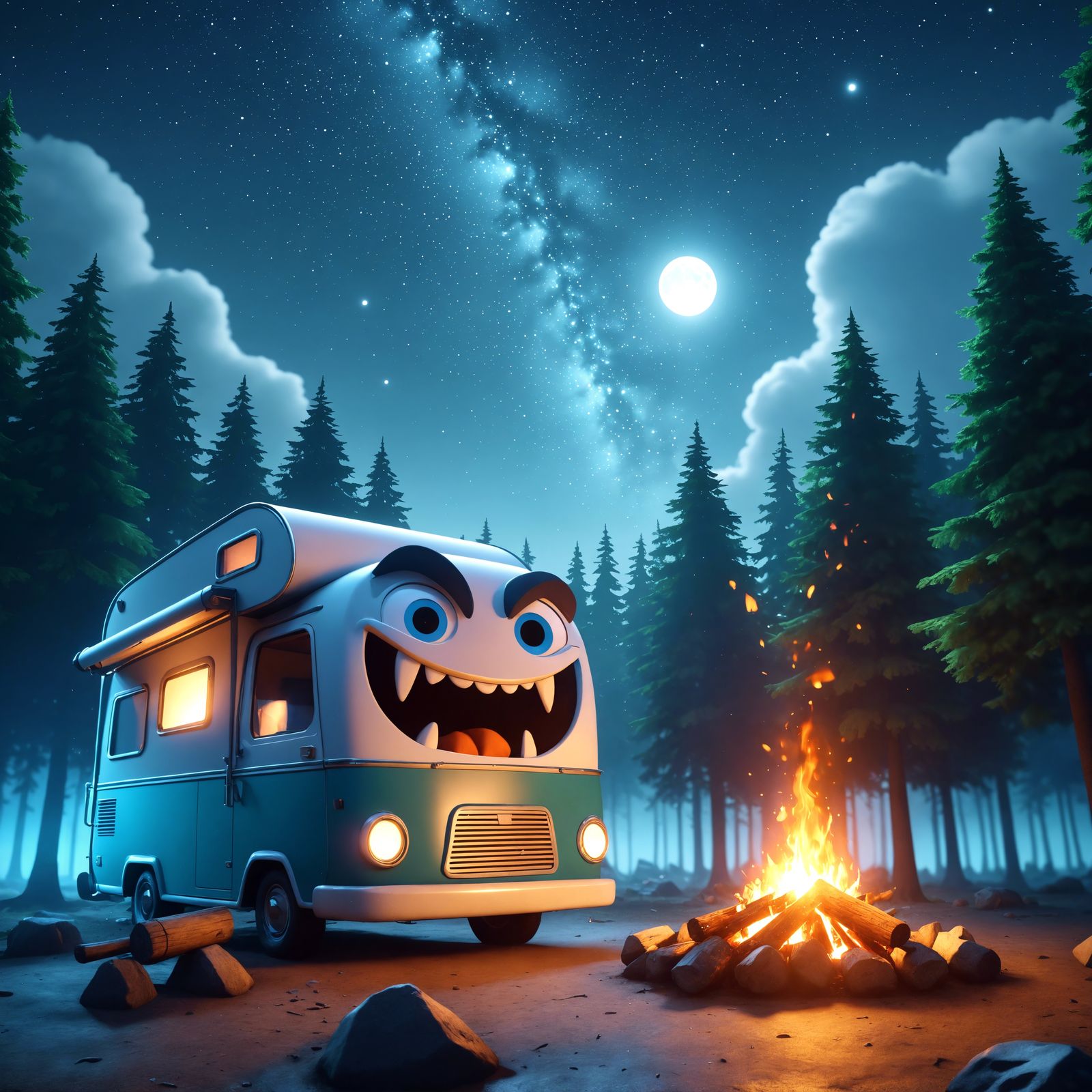 Camping Vanpire Cartoon in Forest at Night