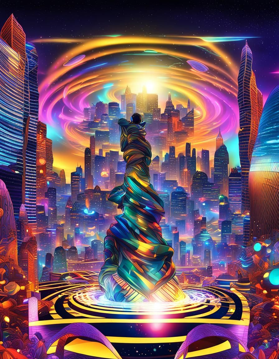 DJ in Futuristic Las Vegas with Galaxy Fractals