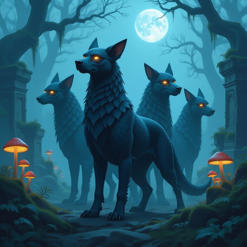 Hydra Hound Guardian in Misty Forest, Dark Fantasy Art