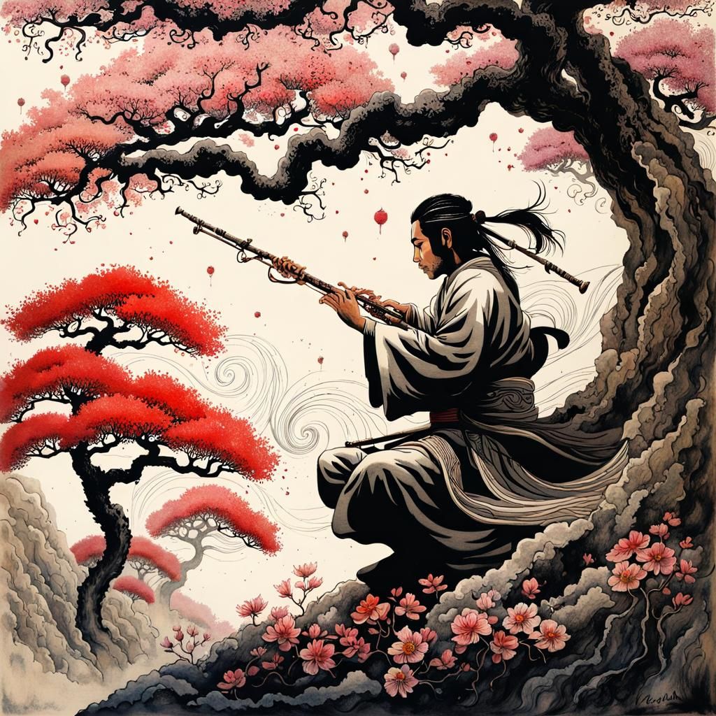 Samurai Flute Player in Folk Art Style