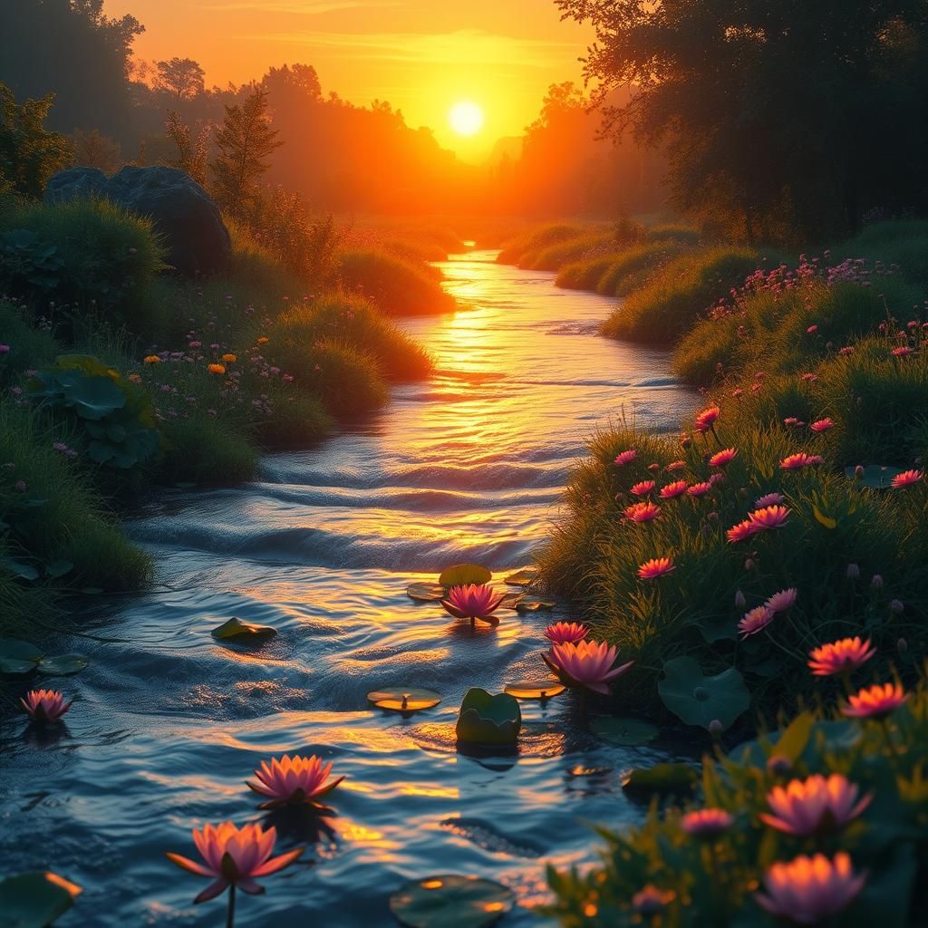 Sunset River Through Meadow: Fantasy Matte Painting
