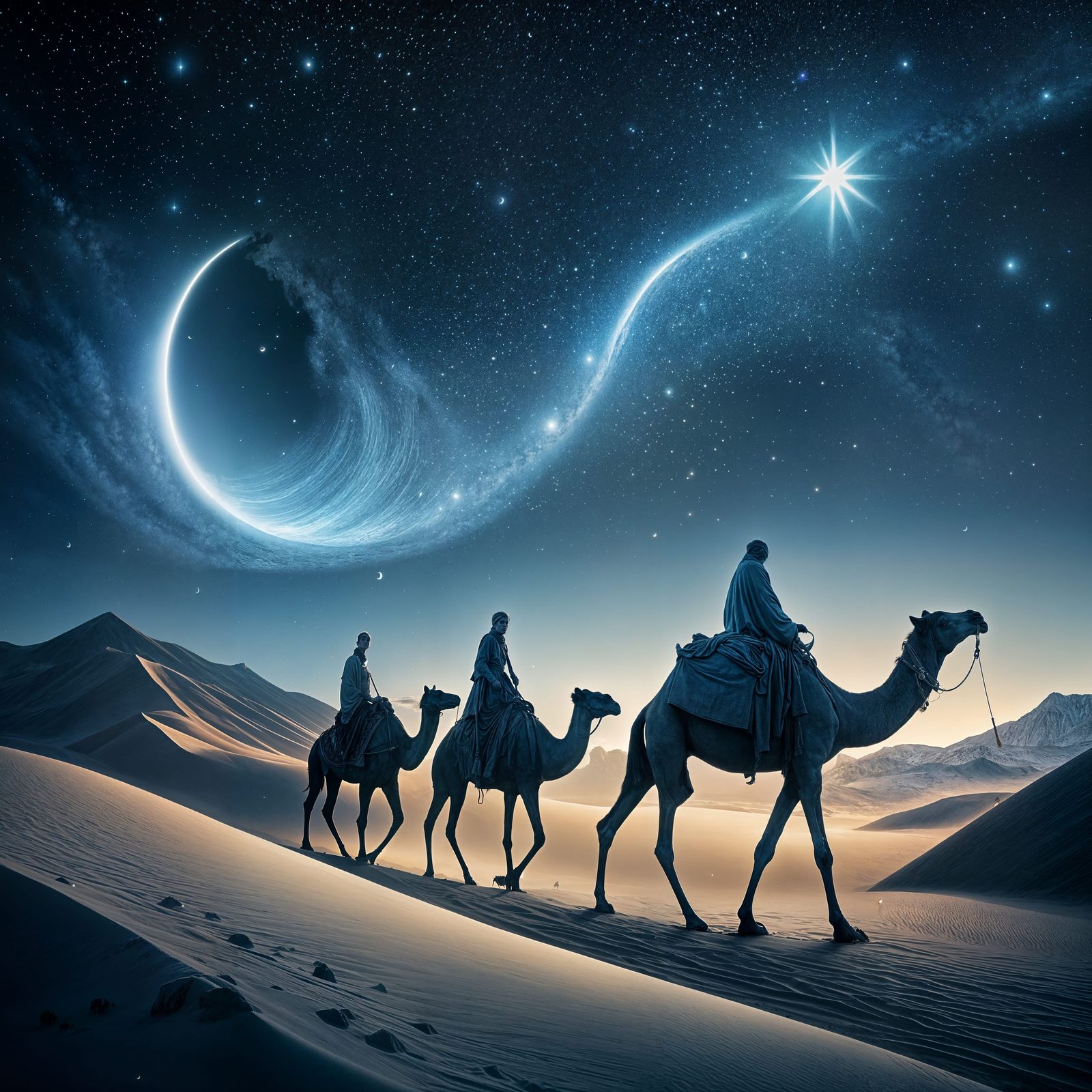 Camels Under Starry Sky: A Vintage Cinematic Scene