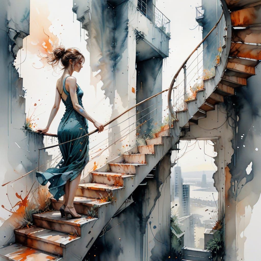 Surreal Skyscraper Staircase in Watercolor Style