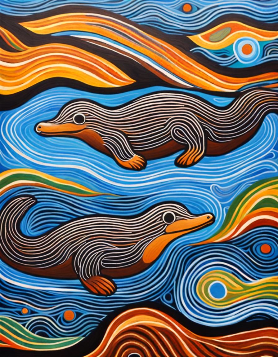 Aboriginal Art: Playful Platypus in Mountain Water