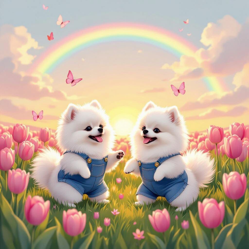 Two Pomeranians Play in Tulip Field Under Rainbow