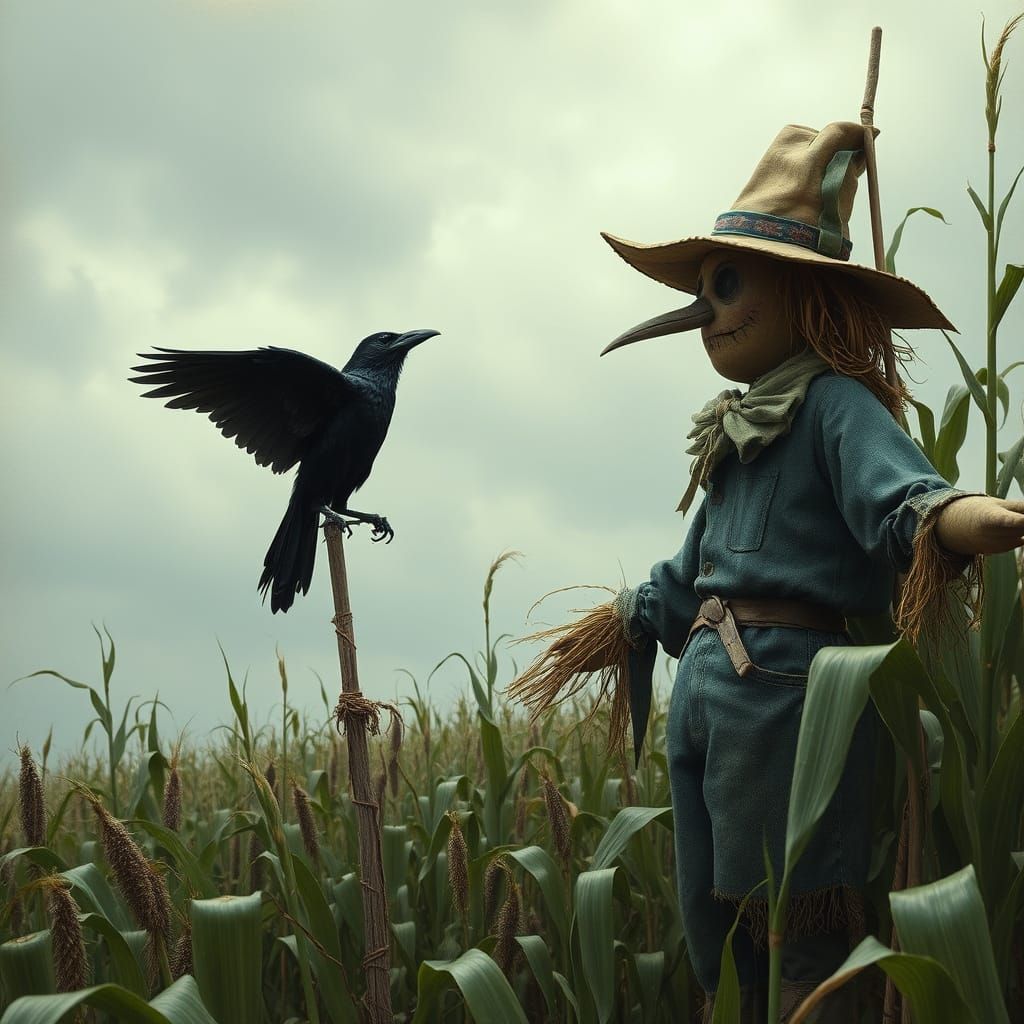 Crow Fears Scarecrow in Surreal Corn Field
