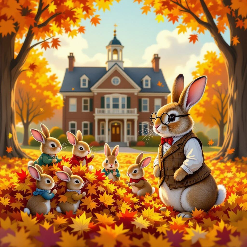 Elderly Bunny Oversees Frolicking Youngsters in Autumn Leave...