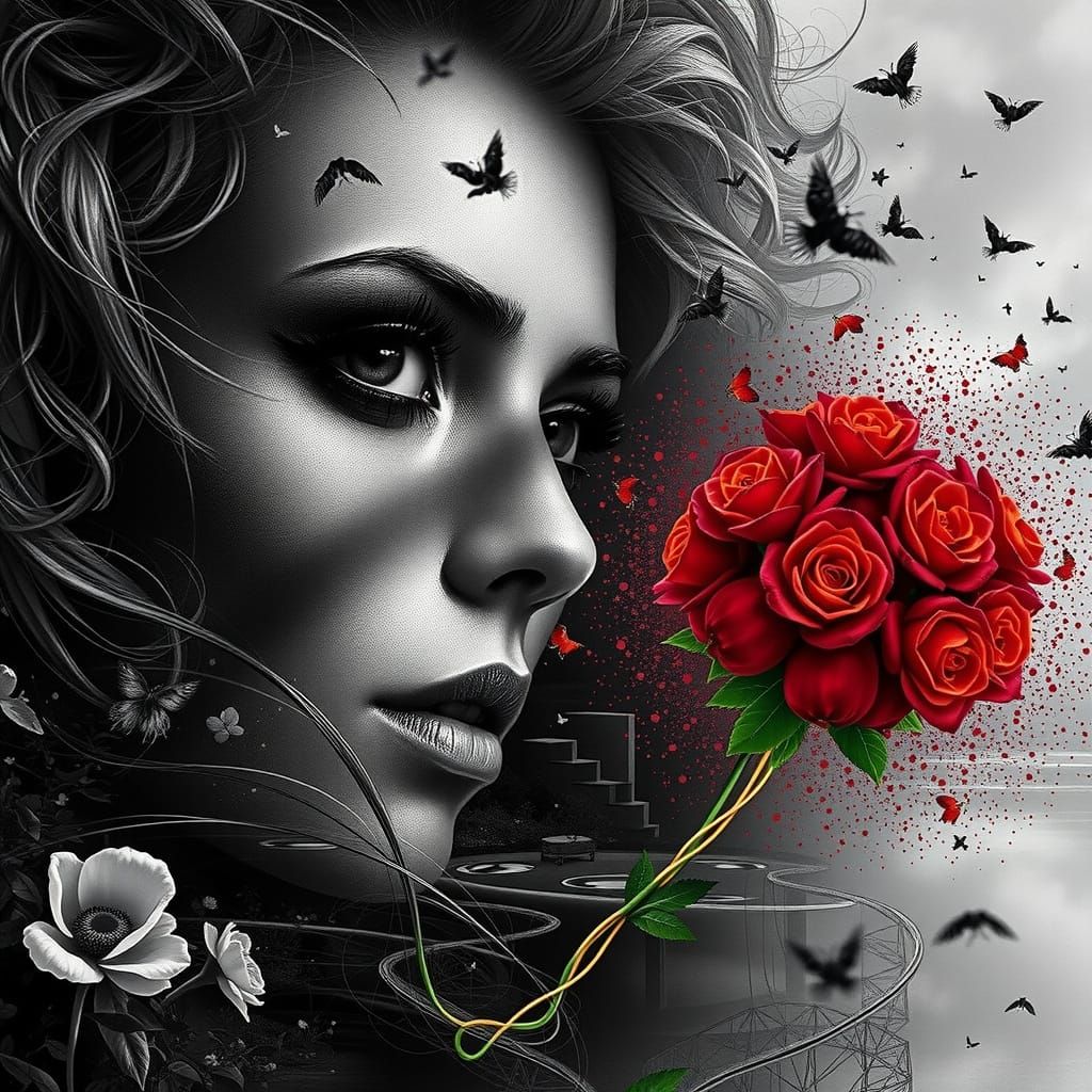 Surreal Double Exposure: Woman, Red Balloons, Dreamscape