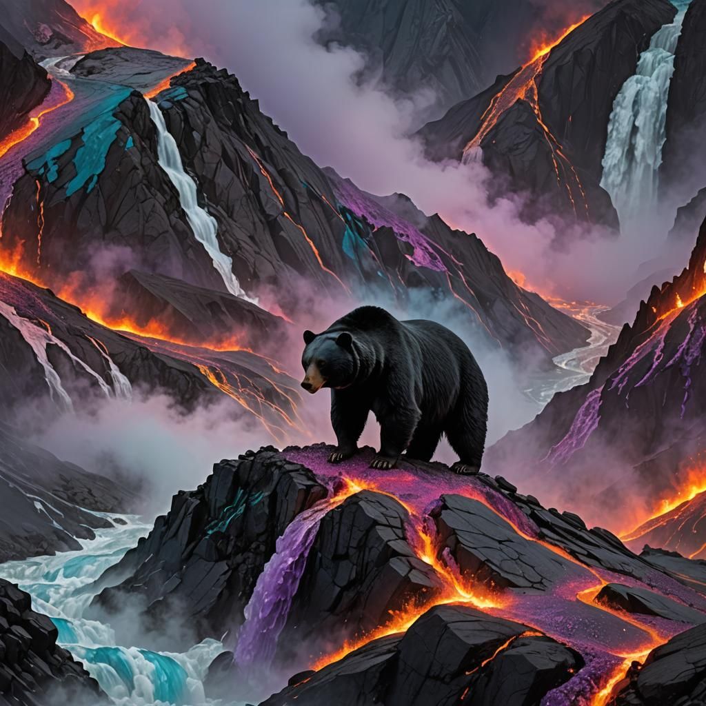 Asiatic Black Bear on Volcano: Ice and Fire Landscape