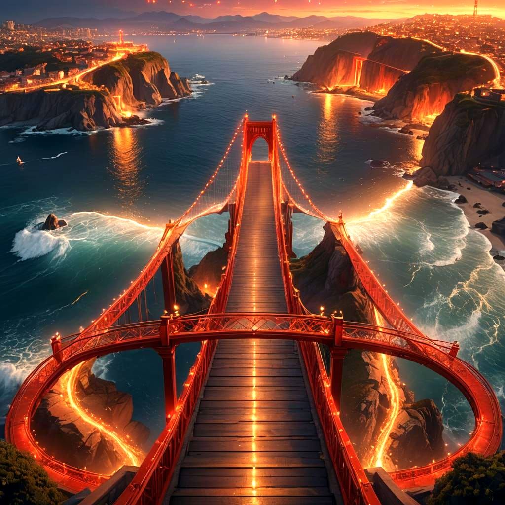 Golden Red Bridge with Sparks, Digital Art