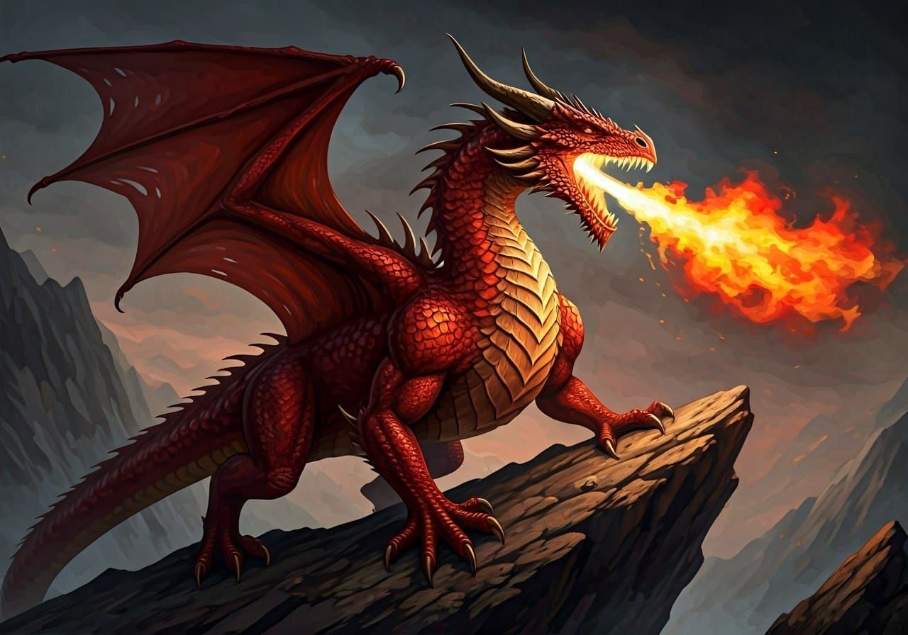 Fierce Red Dragon Breaths Fire: Oil Painting