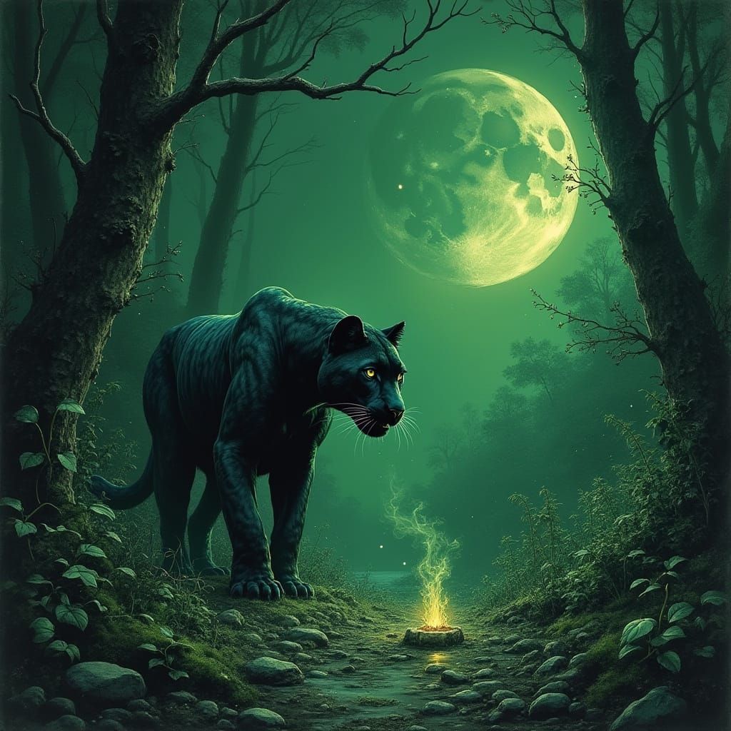 Hunting Panther Camouflaged in Wilderness at Night