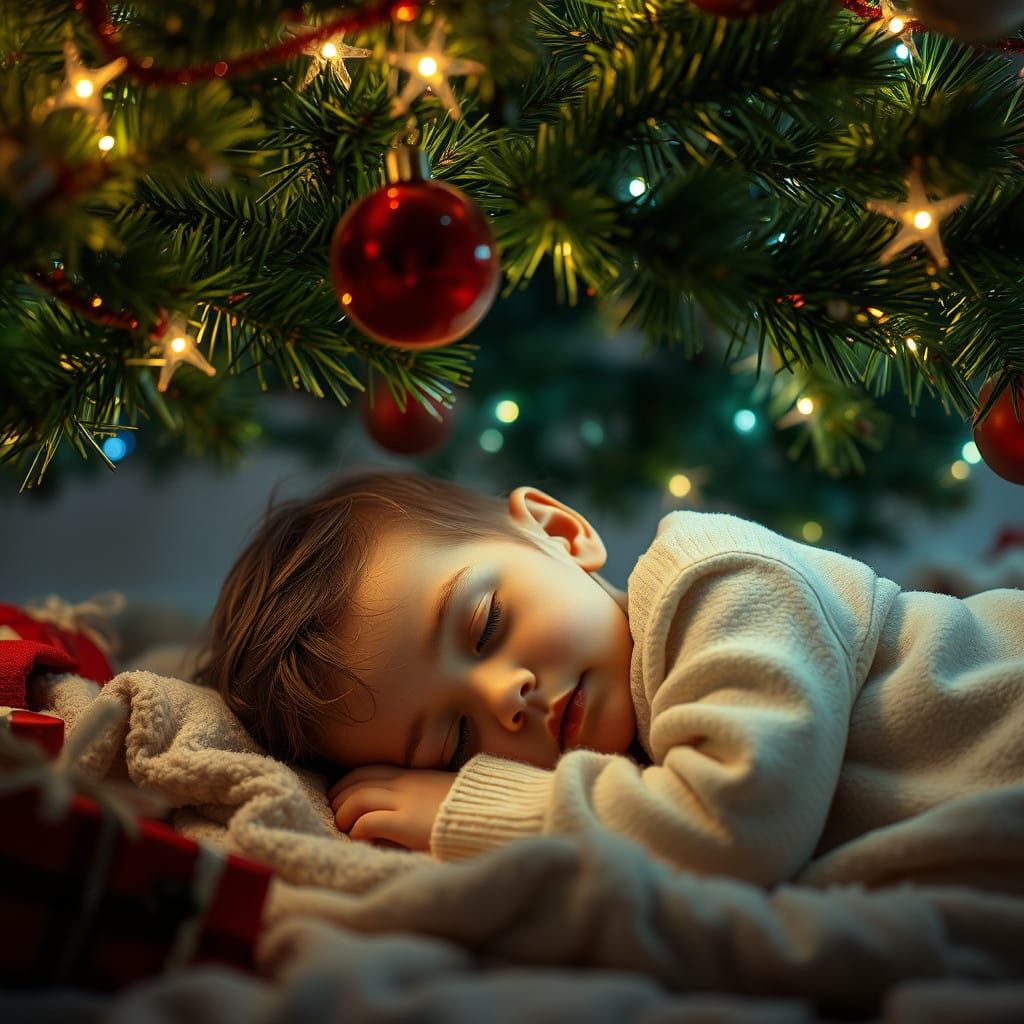 Child Sleeps Peacefully Under Glowing Christmas Tree