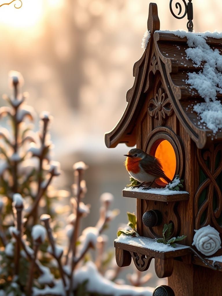 Birdhouse in Snowy English Garden at Dawn