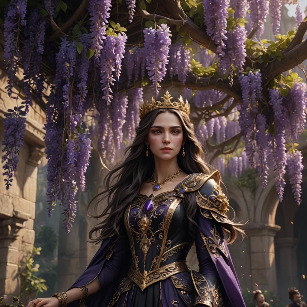 Fairy Assassin Holding Wisteria in Detailed Digital Painting